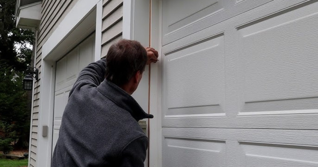 Man installs weatherstrip on garage door side.