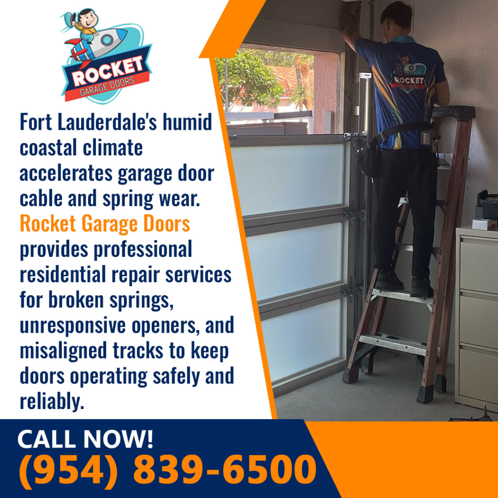 Commercial-style rolling steel garage door installed indoors. Benefits listed: Hurricane-resistant, energy-efficient insulated panels for cooling costs, modern hardware security, professional cable/spring replacement, and custom solutions. 