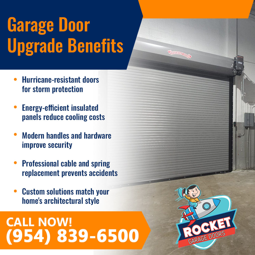 Technician on a ladder working on the upper track mechanism of a modern garage door with frosted panels. 